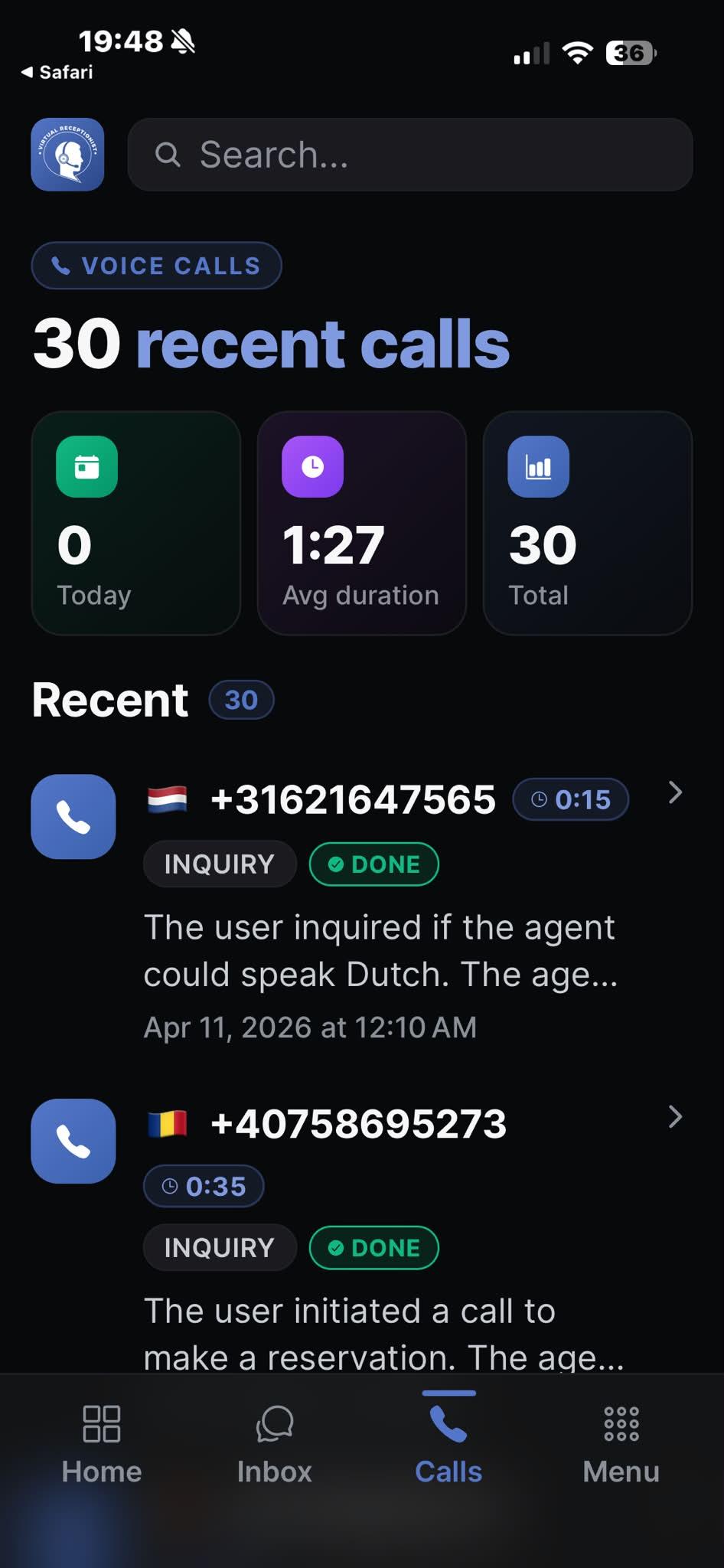 Aplicația Virtual Receptionist — Voice Calls